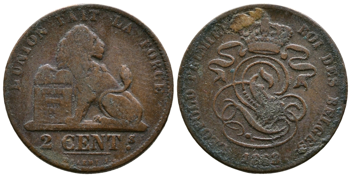 БЕЛЬГИЯ 2 САНТИМА 1863 BELGES KM 4.2 медь 4364-4431