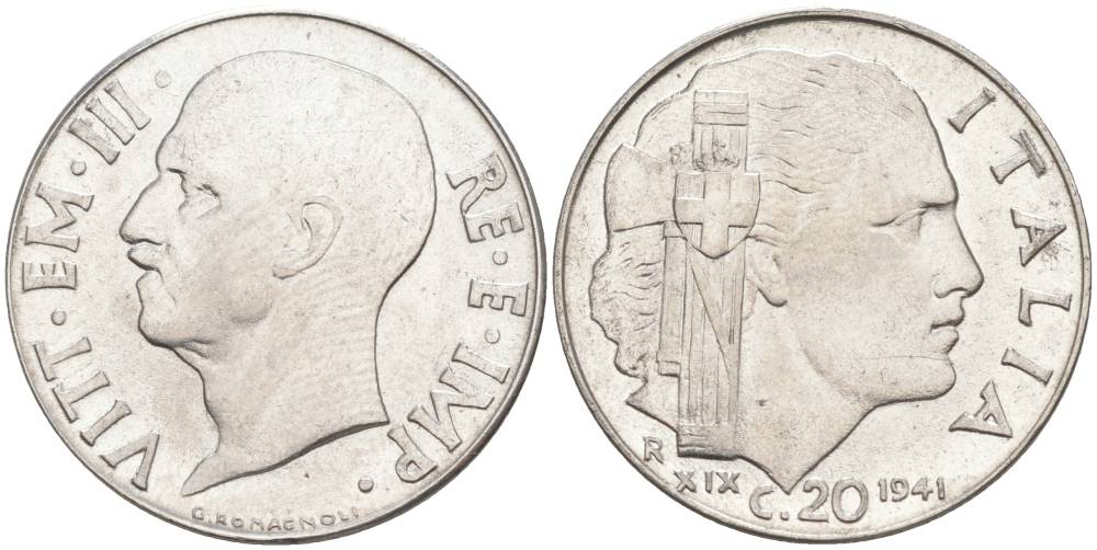 ИТАЛИЯ 20 ЧЕНТЕЗИМО 1941 R, ГОД XIX, ВИКТОР ЭММАНУИЛ III (1900-1946) KM 75b, VEM3. 1028 нержавеющая сталь 3853-646