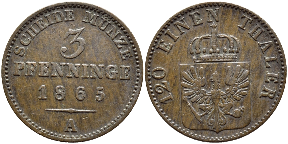 ПРУССИЯ 3 ПФЕННИГА 1865 А, ВИЛЬГЕЛЬМ I (1861-1888) KM 482 медь 84-447