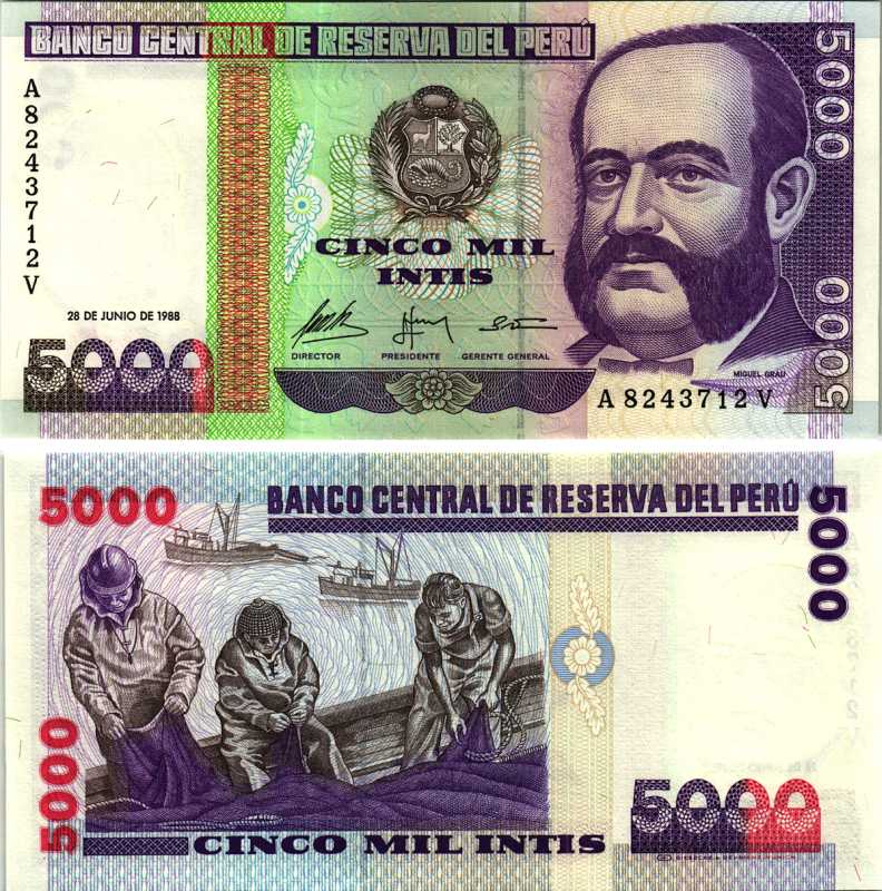 Перу 5000 инти 1988 G&D, адмирал Мигель Грау Pick 137 бумага UNC (пресс) 8518-49-3-2