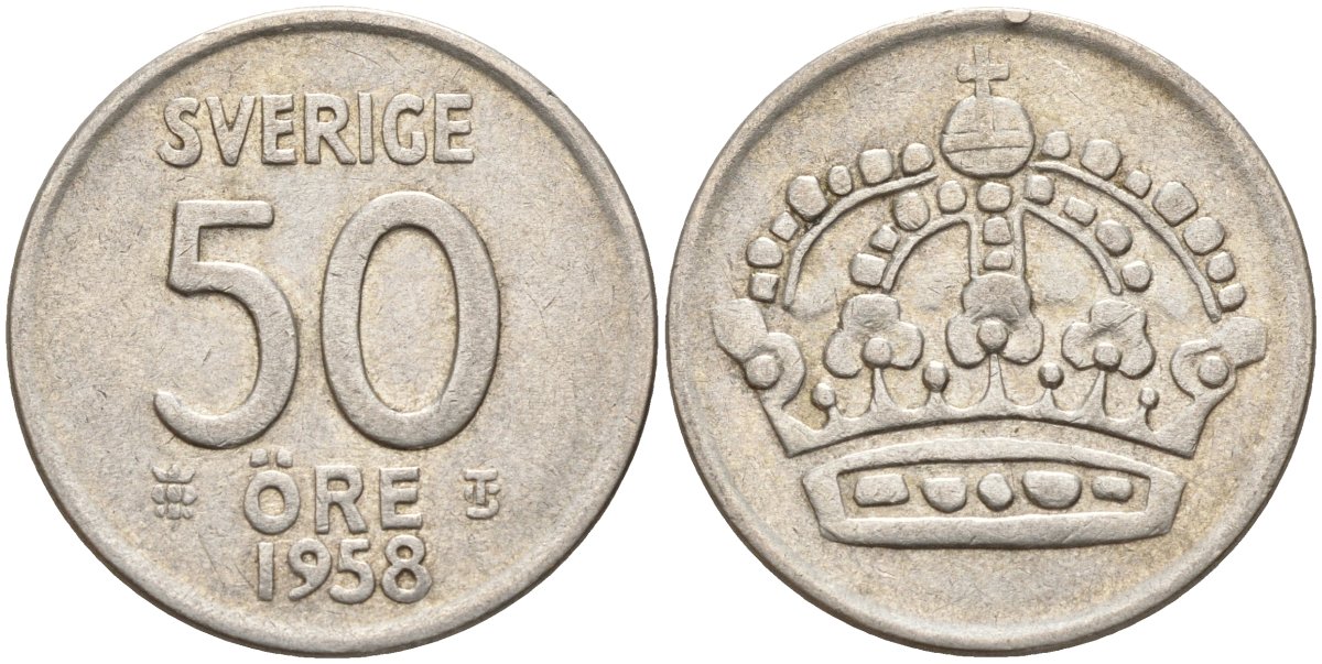 Швеция 50 эре 1958 TS, Густав VI Адольф (1950-1973) KM 825 серебро 4148-945
