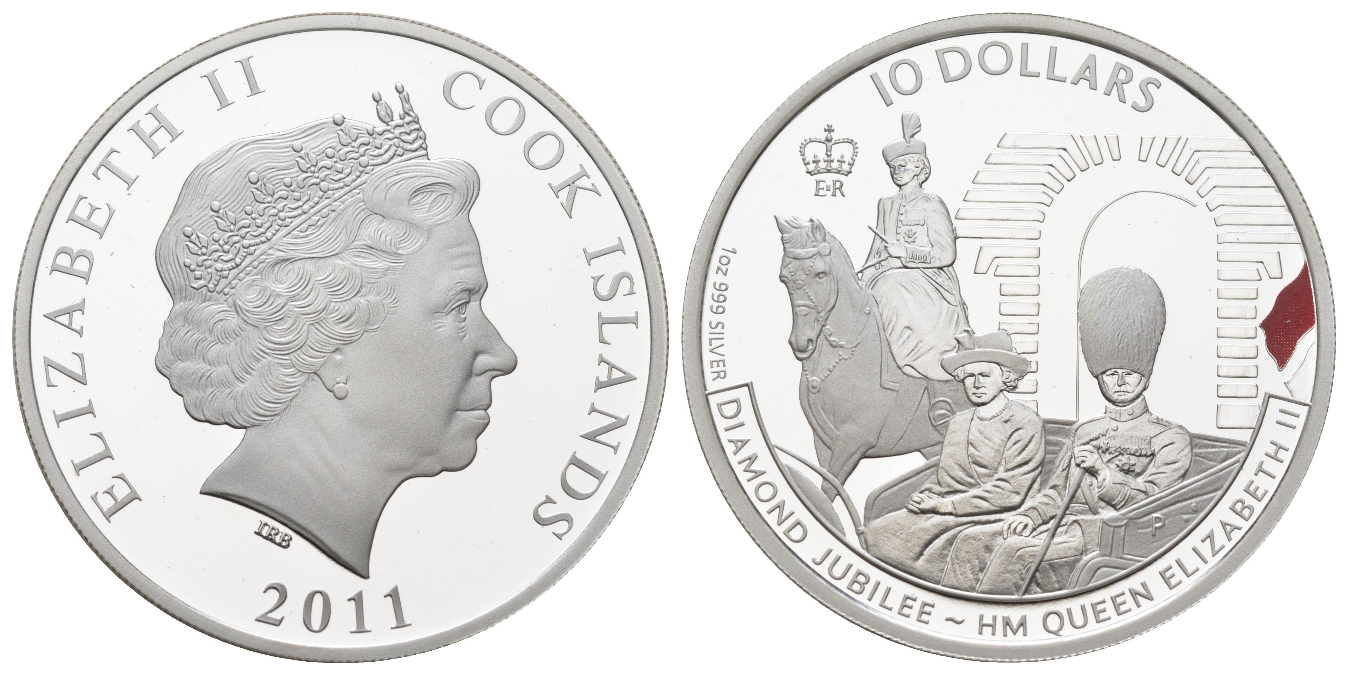 Острова Кука 10 долларов 2011 60 лет вступлению на престол Королевы Елизаветы II, Елизавета II (1952-2022) KM 1583 серебро PROOF 11-057-22