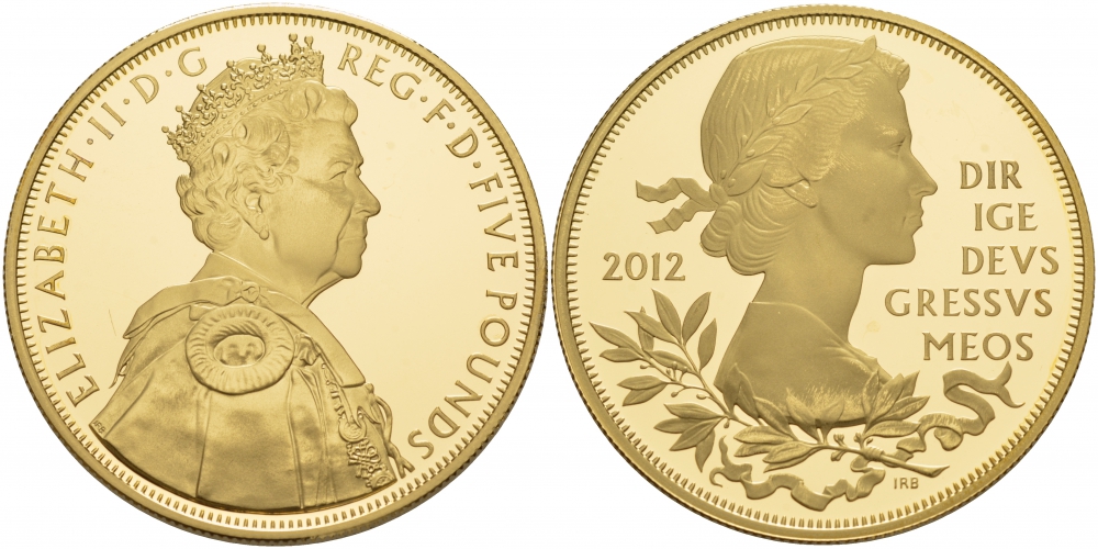 Великобритания 5 фунтов 2012 Елизавета II (1952-2022), бриллиантовый юбилей правления Королевы Елизаветы II, в оригинальной коробке с сертифкатом тираж 12500 экзмепляров KM 1216а, Spink L24 серебро с золотым покрытием PROOF 3-4-2-45
