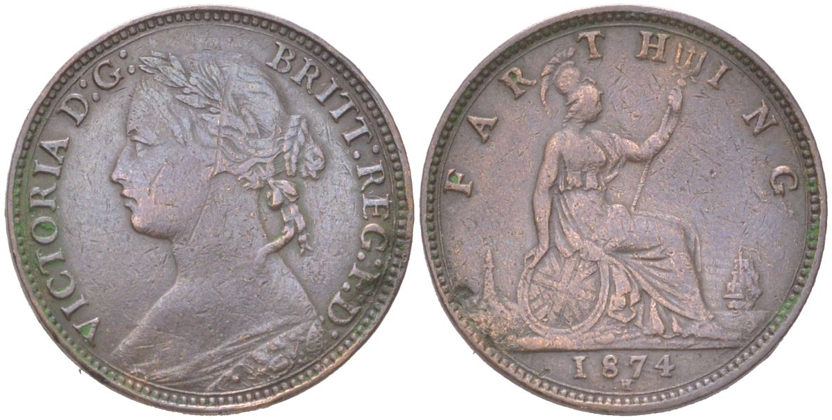 Великобритания 1 фартинг 1874 H, Виктория (1837-1901) KM 753, Spink 3959 бронза 4613-427
