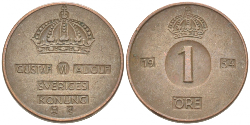 Швеция 1 эре 1954 TS Густав VI Адольф (1950-1973) КМ 820 бронза 3955-268