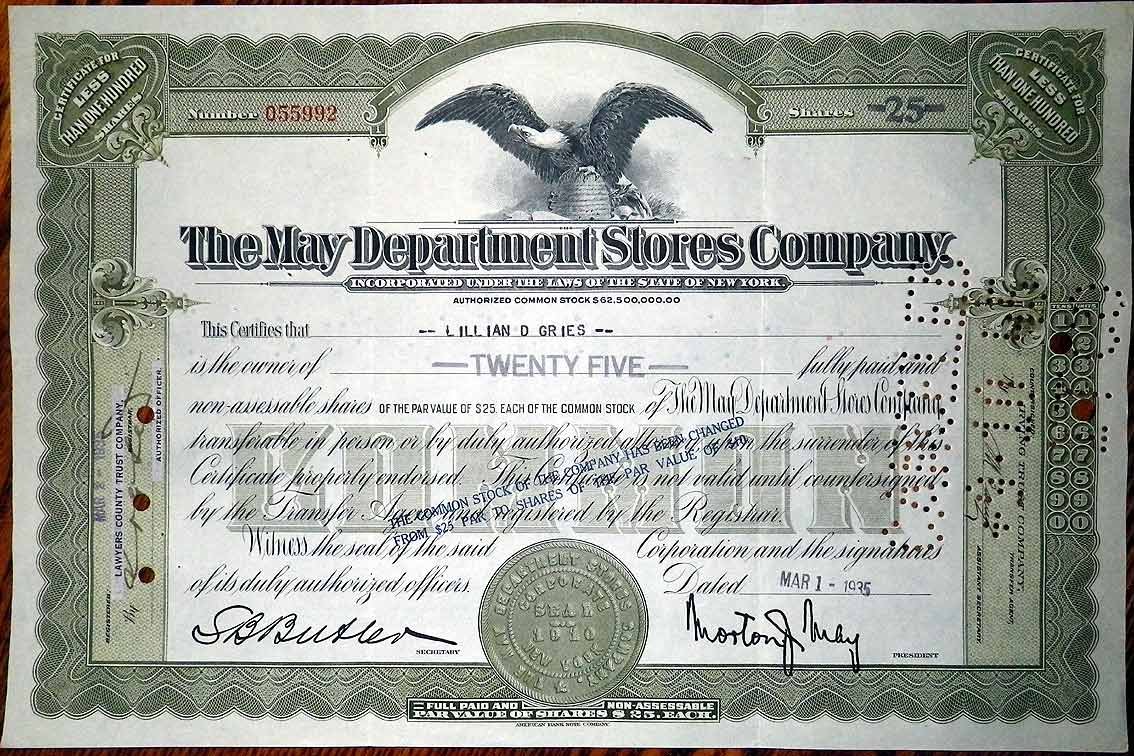 США, The May Department Stores Company 25 акций 1935 бумага 8802-75-1