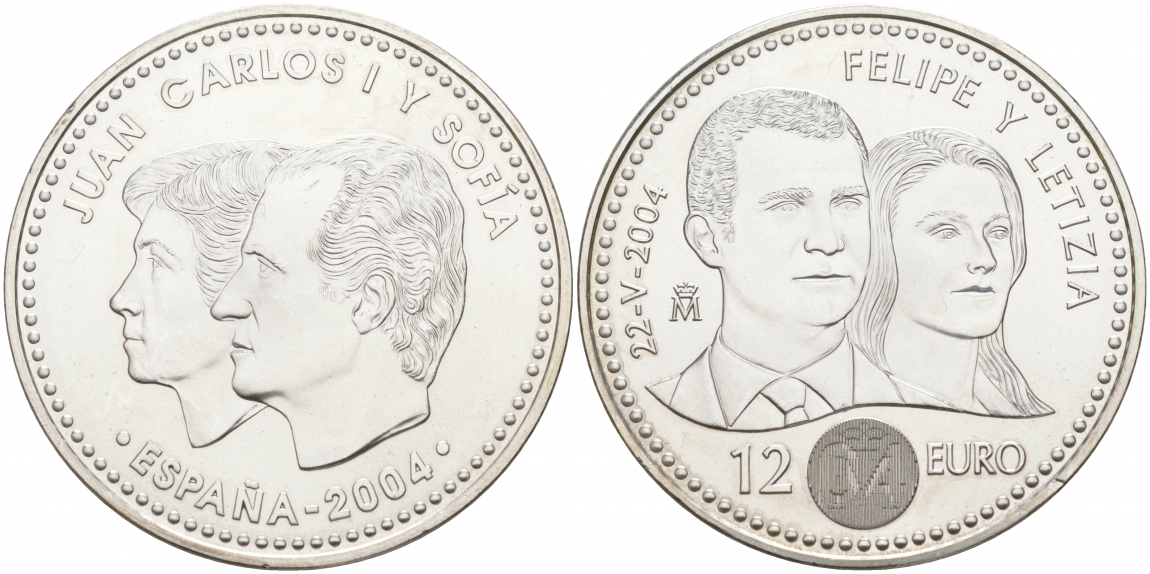 Испания 12 евро 2004 свадьба принца Фелипе и Летисии 24.05.2004 KM 1069 серебро UNC 1521-1323
