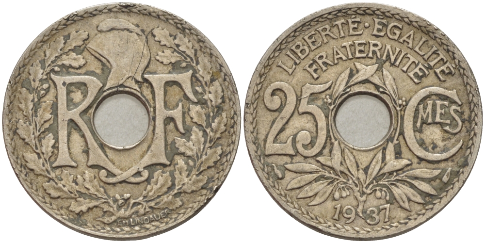 ФРАНЦИЯ 25 САНТИМОВ 1937 KM 867а медно-никель 24-334