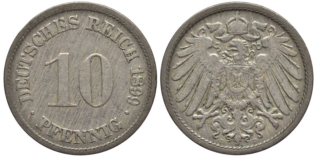 Германия 10 пфеннигов 1899 D KM 12, Jager 13, Weege 8 медно-никель 219-321