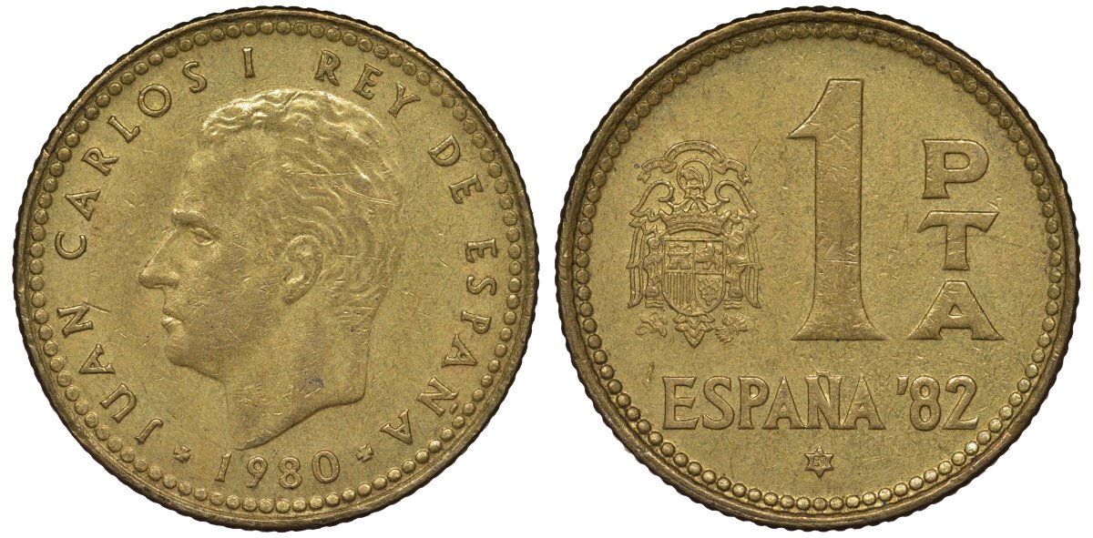 Испания 1 песета 1980 (82) чемпионат мира по футболу KM 816 алюминиевая бронза 4128-1052