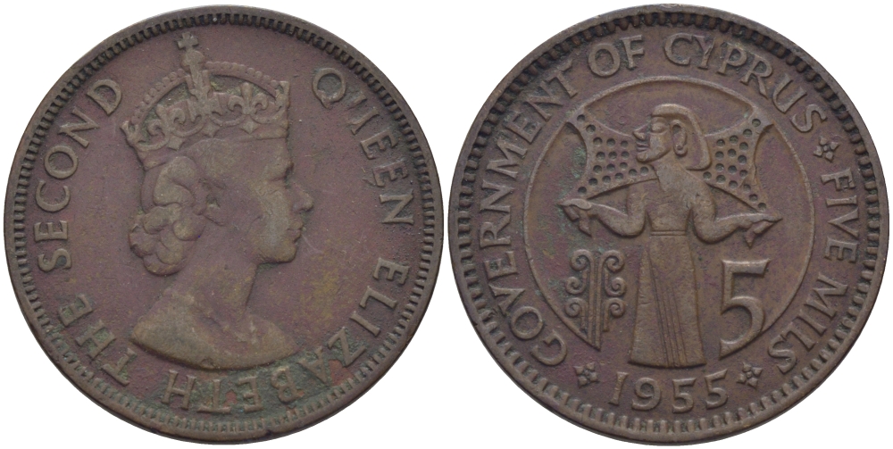 КИПР 5 МИЛСОВ 1955 KM 34 бронза 23-124