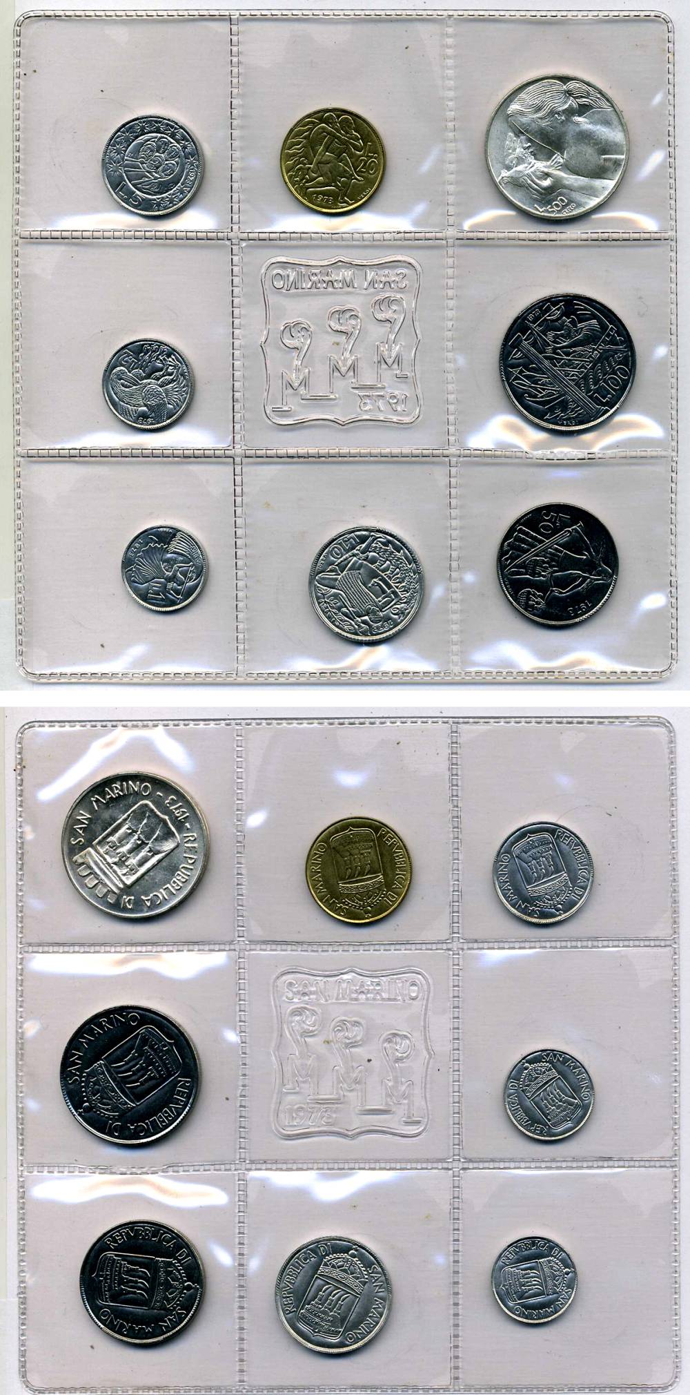 Сан-Марино годовой набор из 8 монет 1973 1, 2, 5, 10, 20, 50, 100 и 500 лир ребёнок держит голубя KM 22-29, в оригинальной пластиковой запайке серебро KM MS2 серебро UNC 3-4-5-24