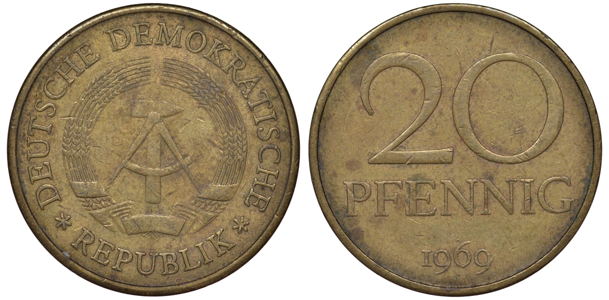 ГДР 20 пфеннигов 1969 А, первый год KM 11 латунь 62-1016