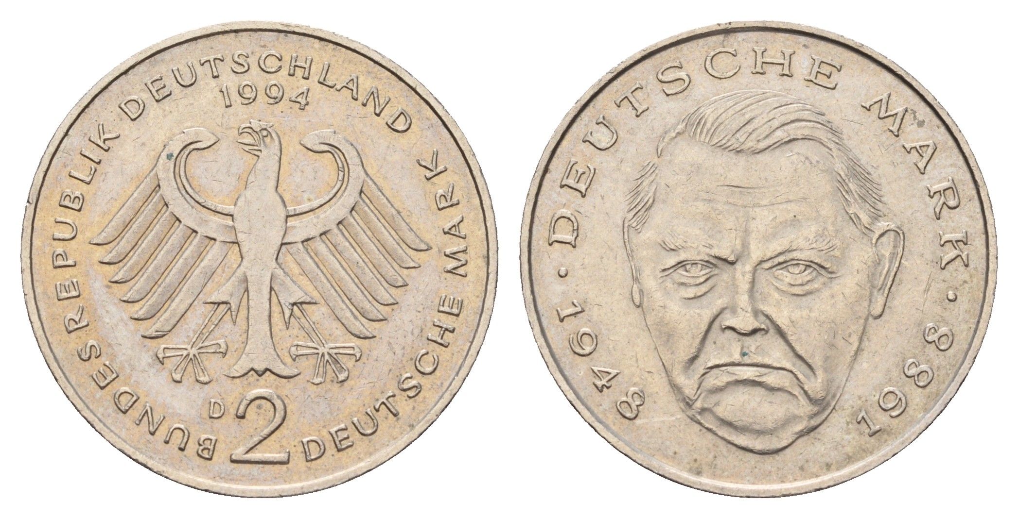 ФРГ 2 марки 1994 D, Людвиг Эрхард, 40 лет Федеративной Республике KM 170, J. 445 медно-никель плакированный никелем 183-217