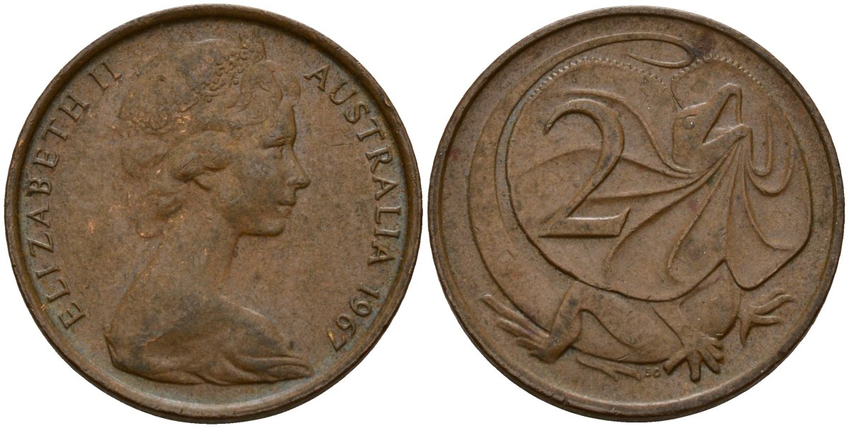 Австралия 2 цента 1967 Елизавета II (1953-), молодой портрерт, плащеносная ящерица KM 63 бронза 4156-335