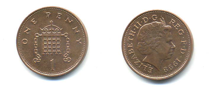 Великобритания 1 пенни 1999 Елизавета II (1952-2022) KM 986, Spink 4710 (B5) сталь плакированная медью 177-532