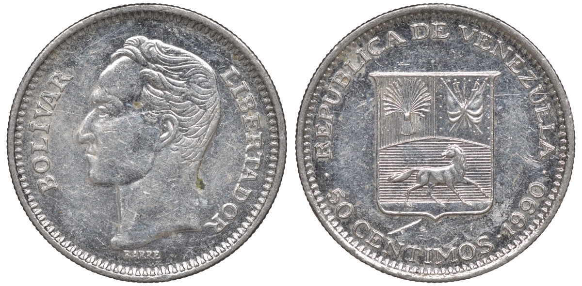 Венесуэла 50 сентимо 1990 Y 41a сталь плакированная никелем 4606-336