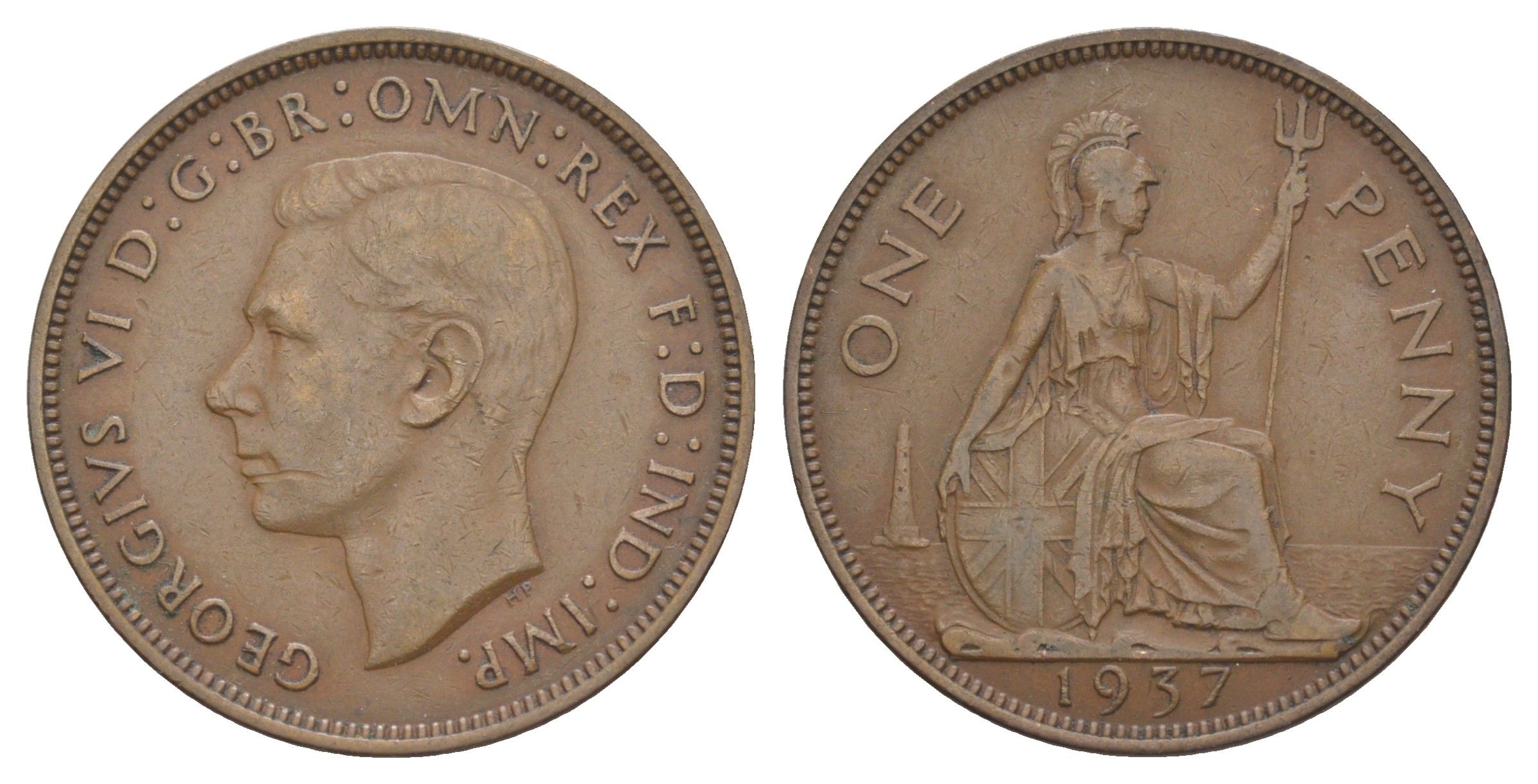 Великобритания 1 пенни 1937 Георг VI (1936-1952) KM 845, Spink 4114 бронза 4634-512