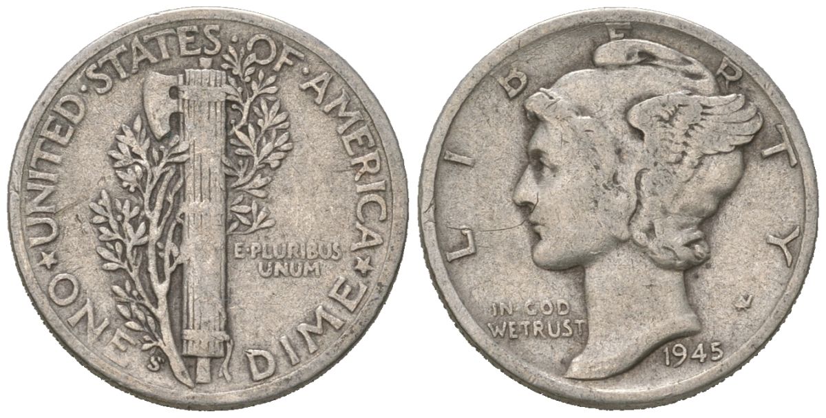 США 10 центов (дайм) 1945 S KM 140 серебро 3309-711