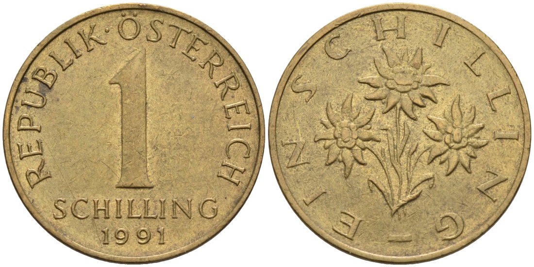 АВСТРИЯ 1 ШИЛЛИНГ 1991 КМ 2886 алюминиевая бронза 4573-313