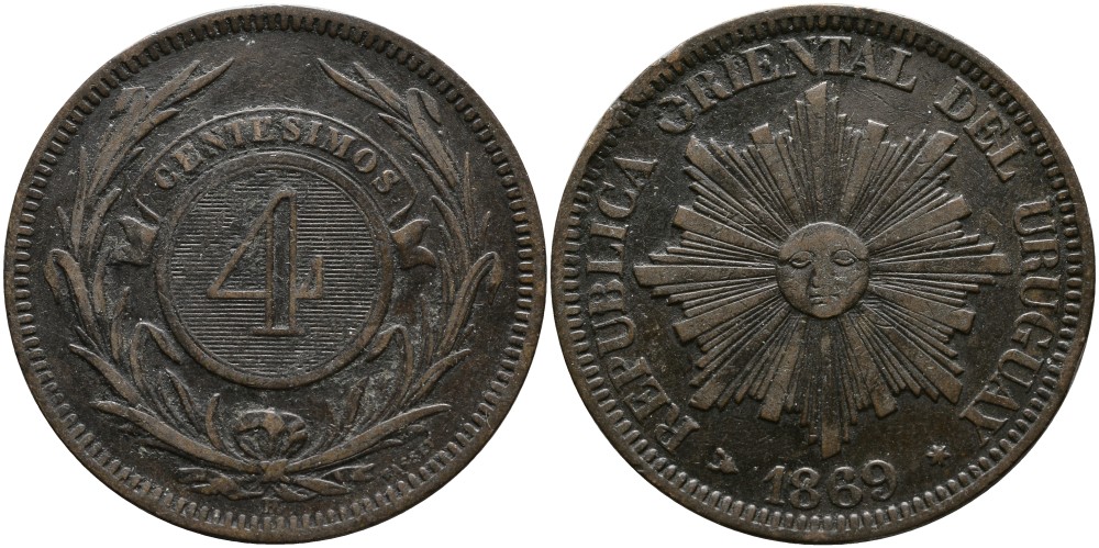 УРУГВАЙ 4 СЕНТЕСИМО 1869 Н, МОНДВОР БИРМИНГЕМ KM 13 бронза 4527-1111