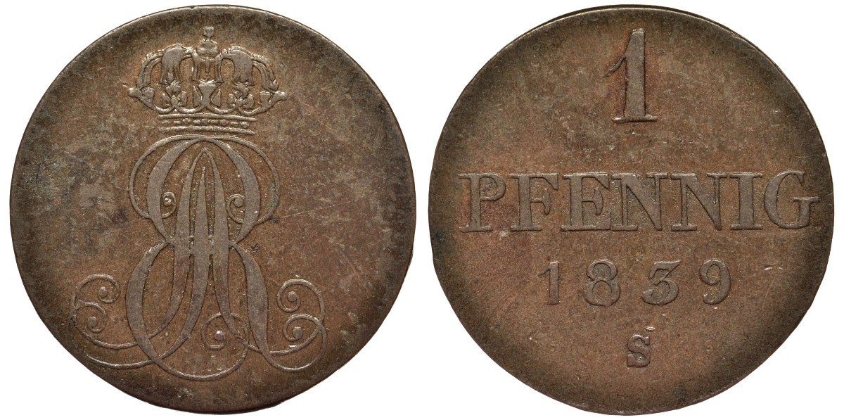 Ганновер 1 пфенниг 1839 S, Эрнст Август (1837-1851) KM 173.3, AKS 128, J. 54 медь 75-1367