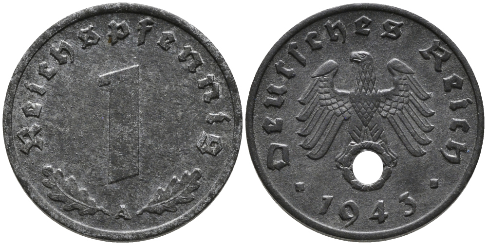 ГЕРМАНИЯ 1 РЕЙХСПФЕННИГ 1943 A KM 97, J.369 цинк 96-764