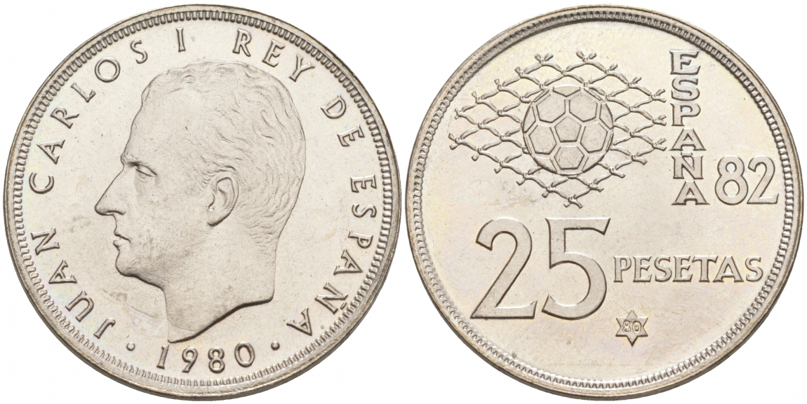 Испания 25 песет 1980 (80) чемпионат мира по футболу в Испании 1982 года, Хуан Карлос I (1975-) KM 818 медно-никель 68-212