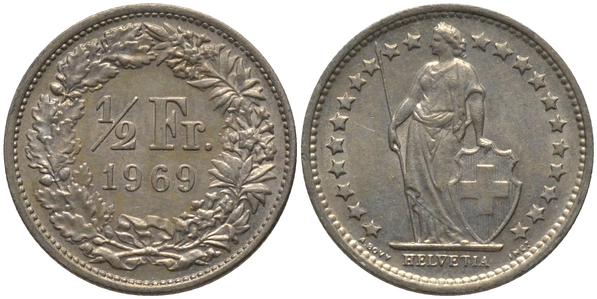 Швейцария 1/2 франка 1969 KM 23а.1 медно-никель 4532-865