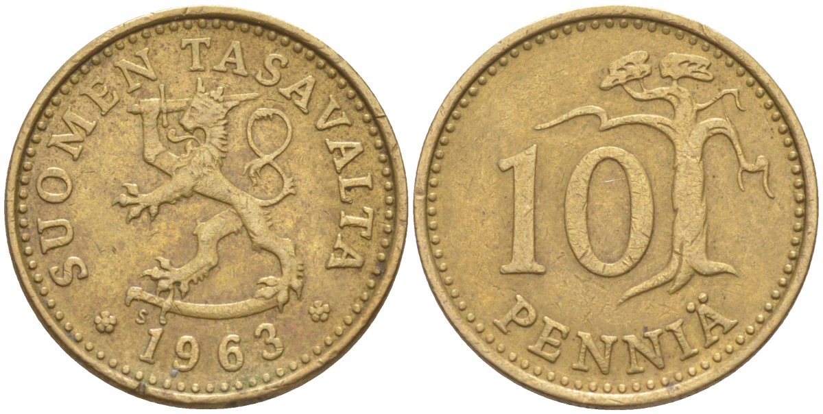 Финляндия 10 пенни 1963 S KM 46 алюминиевая бронза 219-1146