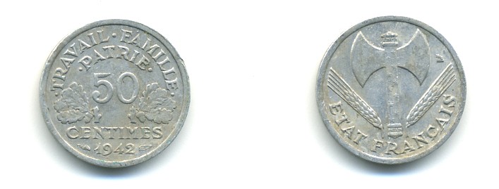 ФРАНЦИЯ 50 САНТИМОВ 1942 ТИП FRANCISQUE, LOURDE, ПРАВИТЕЛЬСТВО ВИШИ KM 914.1, LE FRANC 195.2 алюминий 80-866