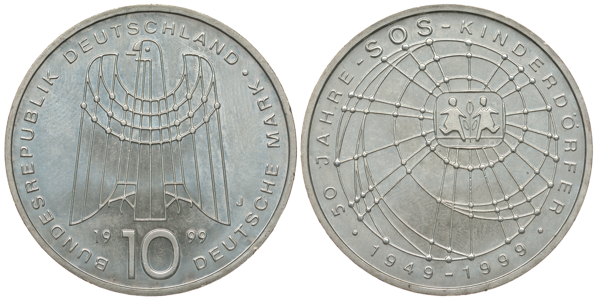ФРГ 10 марок 1999 J, 50 лет организации защиты детей KM 198 серебро UNC 413-6224