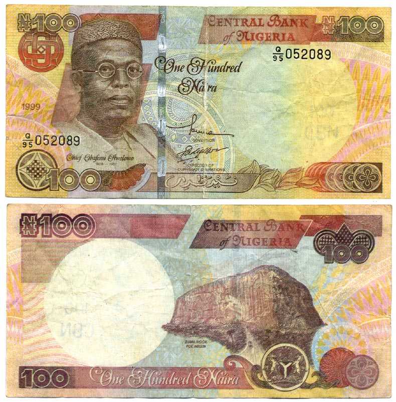 Нигерия 100 найра 1999 Обафеми Аволово, гора Зума Рок Pick 28 а бумага 7375-25-1-1