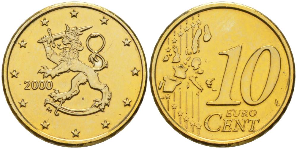 Финляндия 10 евроцентов 2000 KM 101 латунь 68-1136