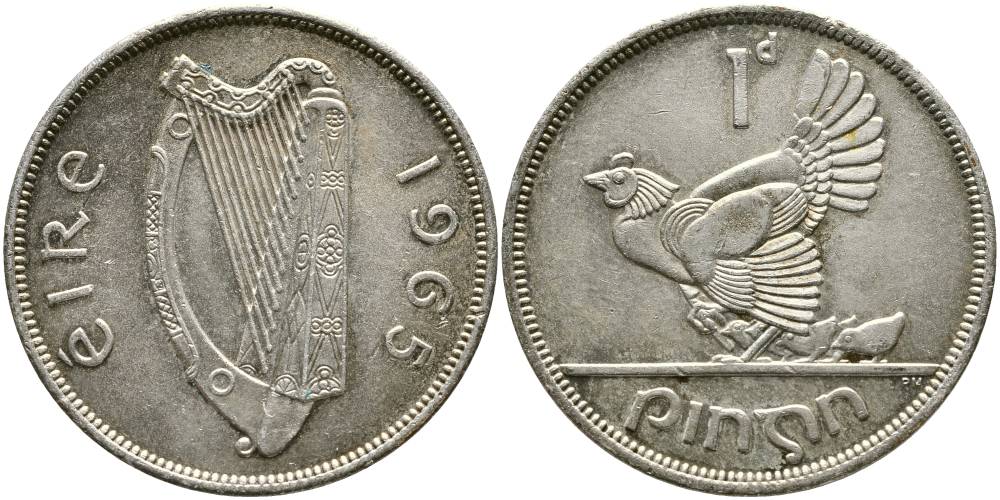 ИРЛАНДИЯ 1 ПЕННИ 1965 КУРИЦА С ЦЫПЛЯТАМИ, СЕРЕБРЕНИЕ KM 11 бронза 4531-723