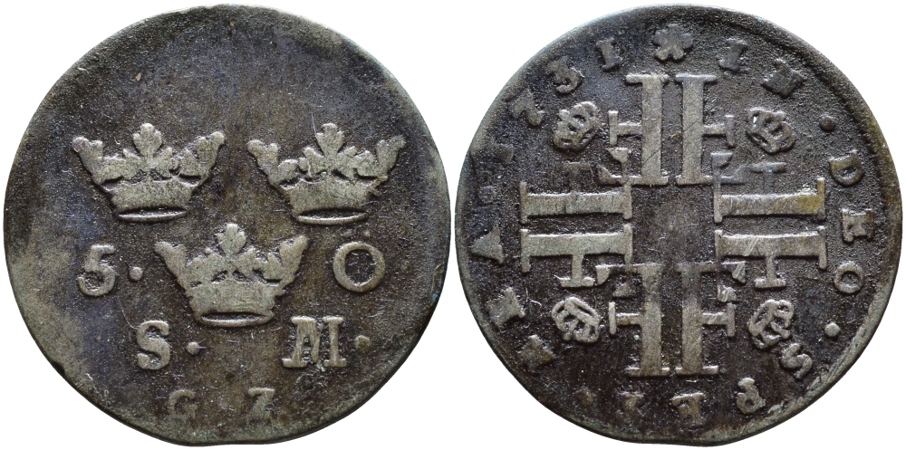 Швеция 5 эре 1731 SM, GZ, Фридрих I KM 401 серебро 00-00-00