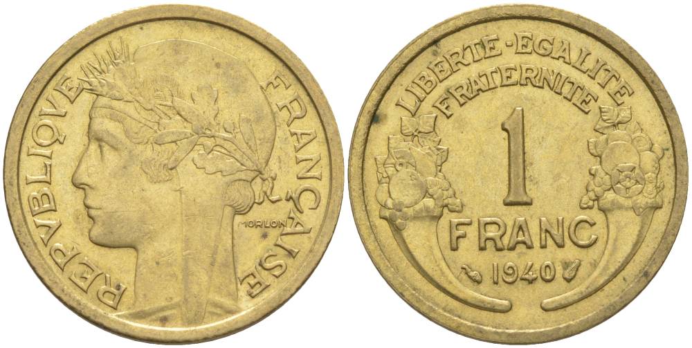 Франция 1 франк 1940 тип Морлон KM 885, LE FRANC 219.11 алюминиевая бронза 3853-223