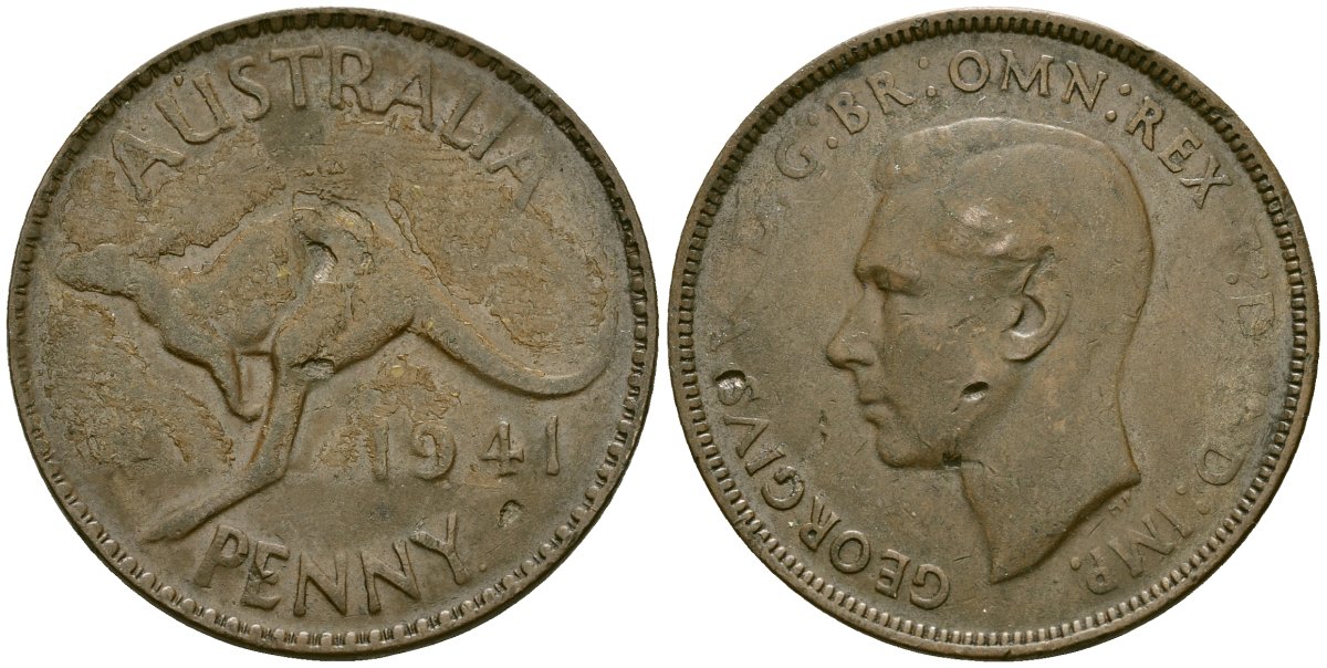 Австралия 1 пенни 1941 KG, Георг VI (1936-1952), кенгуру KM 36 бронза 4120-726