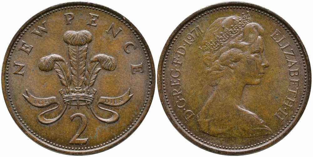 Великобритания 2 пенса 1971 Елизавета II (1952-2022) KM 916, Spink 4235 (C1) бронза 113-116