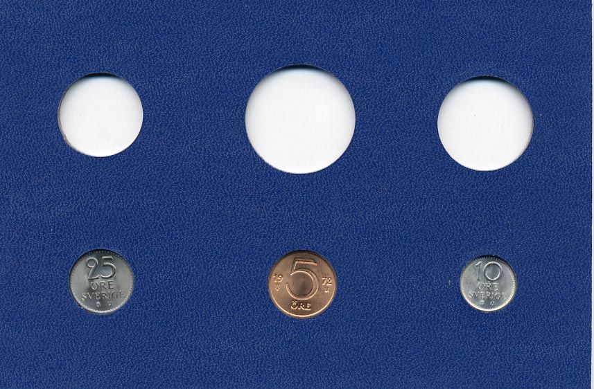 Швеция 5, 10, 25 эре 1972 Густав VI Адольф (1950-1973) в картоне набора монетного двора UNC 7-5-7-268