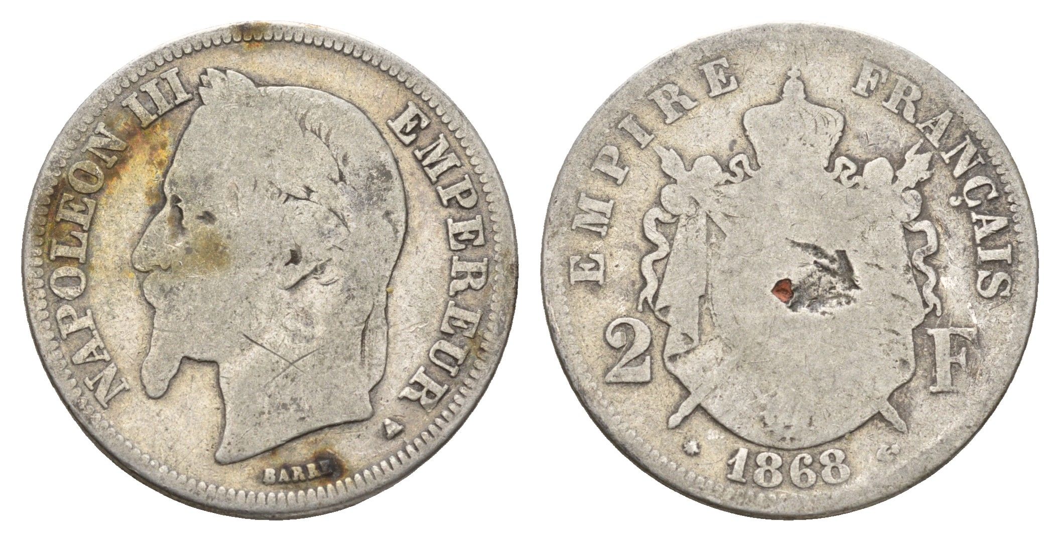 Франция 2 франка 1868 A, Наполеон III (1852-1870) KM 807 серебро 93-314