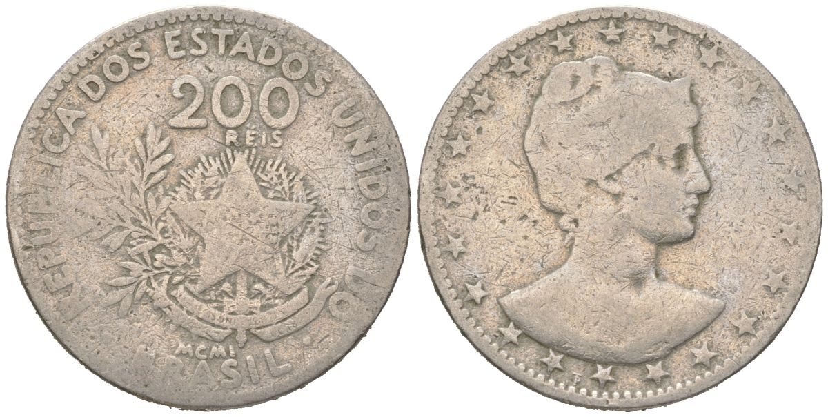 Бразилия 200 реалов 1901 MCMI, голова свободы вправо KM 504 медно-никель 4612-143