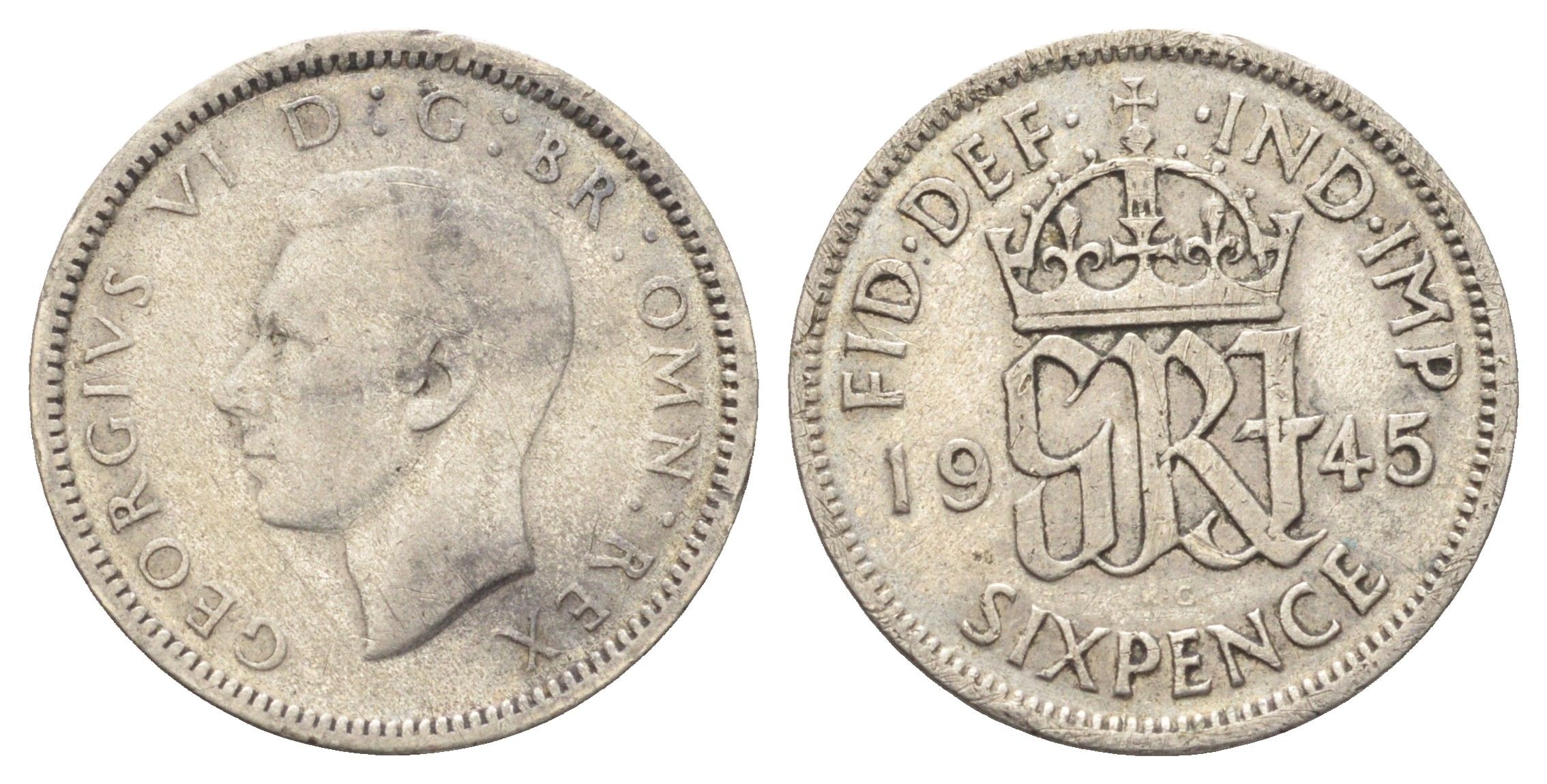 Великобритания 6 пенсов 1945 Георг VI (1936-1952) KM 852, Spink 4084 серебро 4697-638