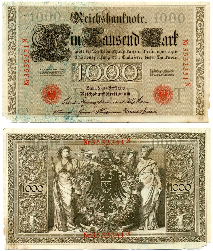 Германия 1000 Марок 1910 21 апреля 1910, Буква T, номер семизначный, серия N, Выпуск (09.1922) Pick 44b, Розенберг 45с бумага 8618-27-1-1