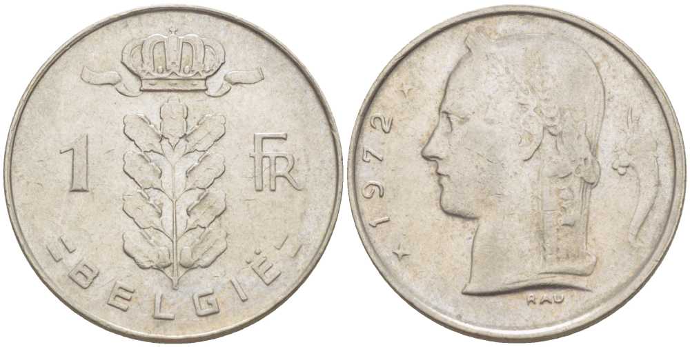 БЕЛЬГИЯ 1 ФРАНК 1972 BELGIE, БОДУЭН I (1951-1993) KM 143.1 медно-никель 213-344