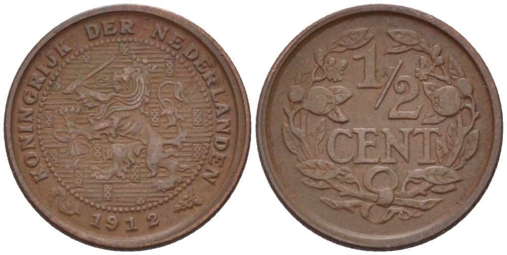 НИДЕРЛАНДЫ 1/2 ЦЕНТА 1912 ВИЛЬГЕЛЬМИНА (1890-1948) KM 138 бронза 39-161