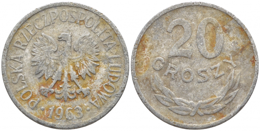 ПОЛЬША 20 ГРОШЕЙ 1963 MW KM А47 алюминий 4448-334