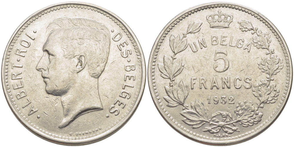 БЕЛЬГИЯ 5 ФРАНКОВ 1932 BELGES KM 97.1 никель 114-831