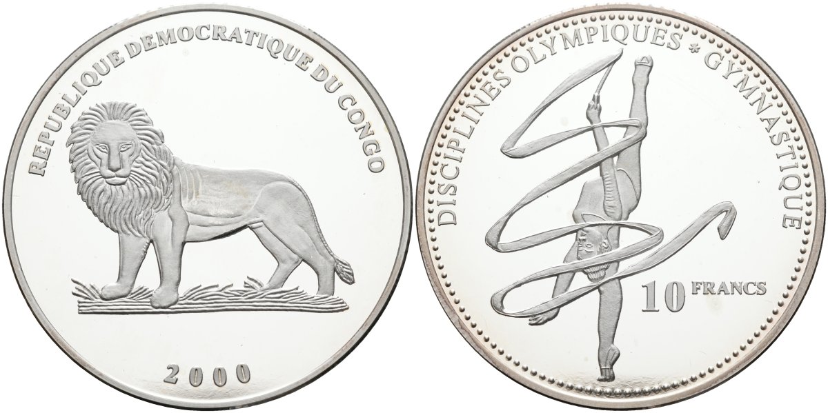 Конго 10 франков 2000 олимпийские дисциплины, гимнастика KM 53 серебро PROOF 04-319-22