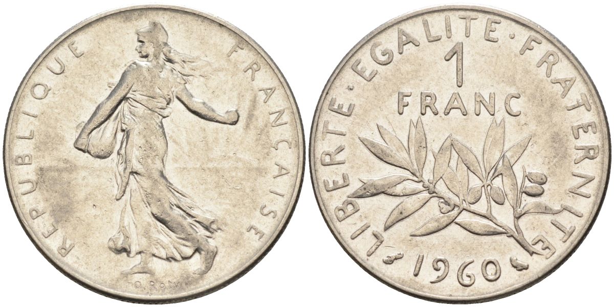 Франция 1 франк 1960 сеятель, тип Semeuse KM 925, Le Franc 226.5 никель 4592-1052